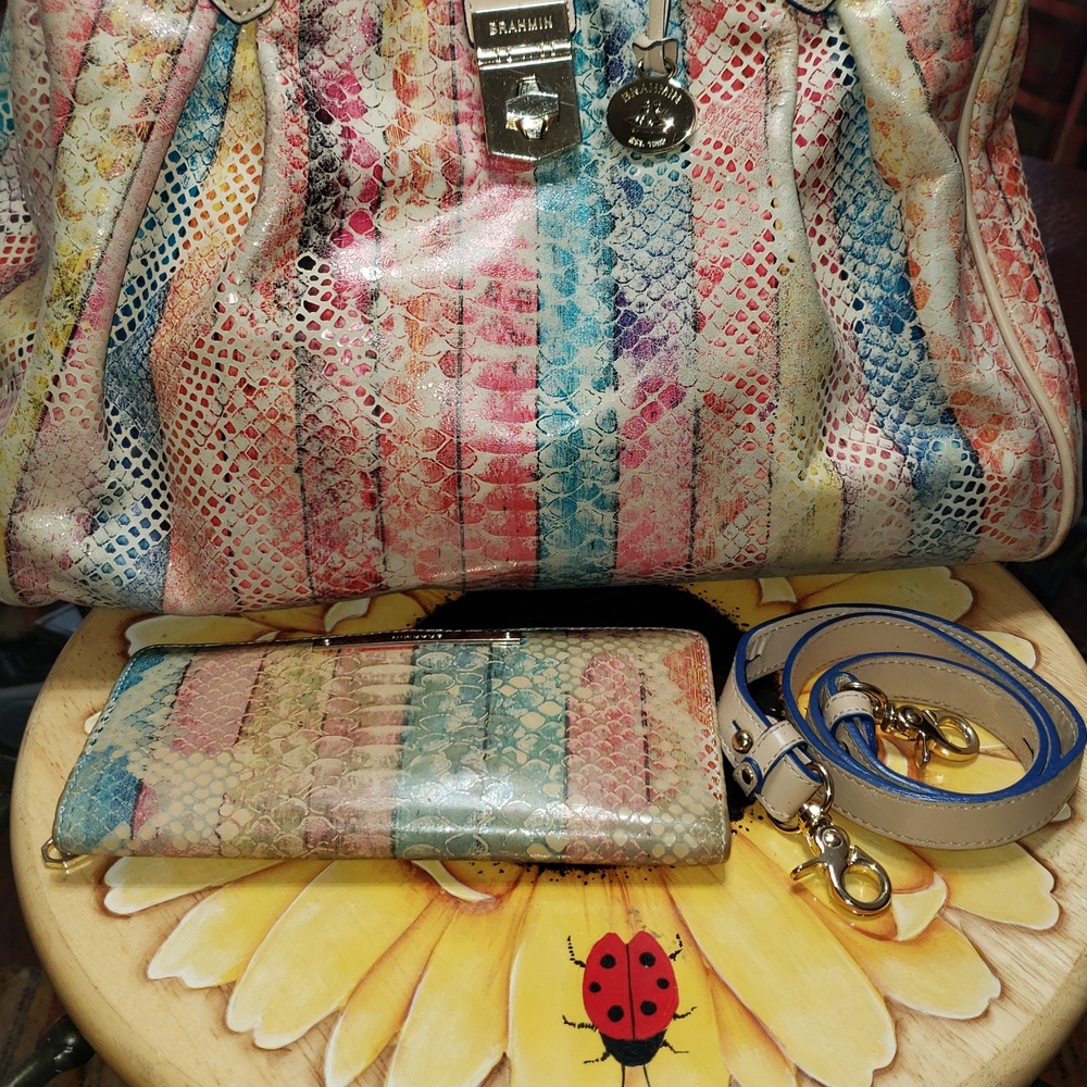 💘2PC BRAHMIN ELISA DOVE CORONADO CROC-EMBOSSED PLEATED LEATHER BAG-WALLET SET - Picture 3 of 14